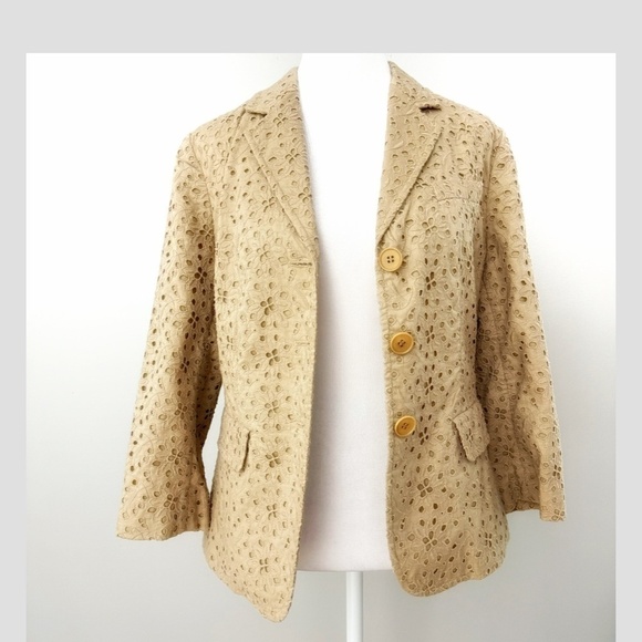 Talbots Lightweight Blazer Eyelet Detail 100% Cotton Button Front Jacket Taupe 6 - Picture 5 of 9